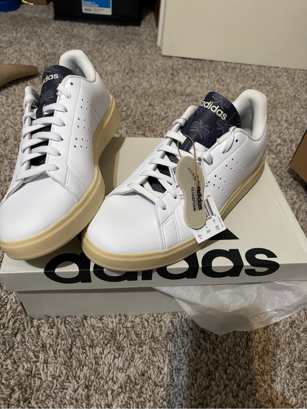 adidas White Sneakers with Cream Sole and Navy Tongue